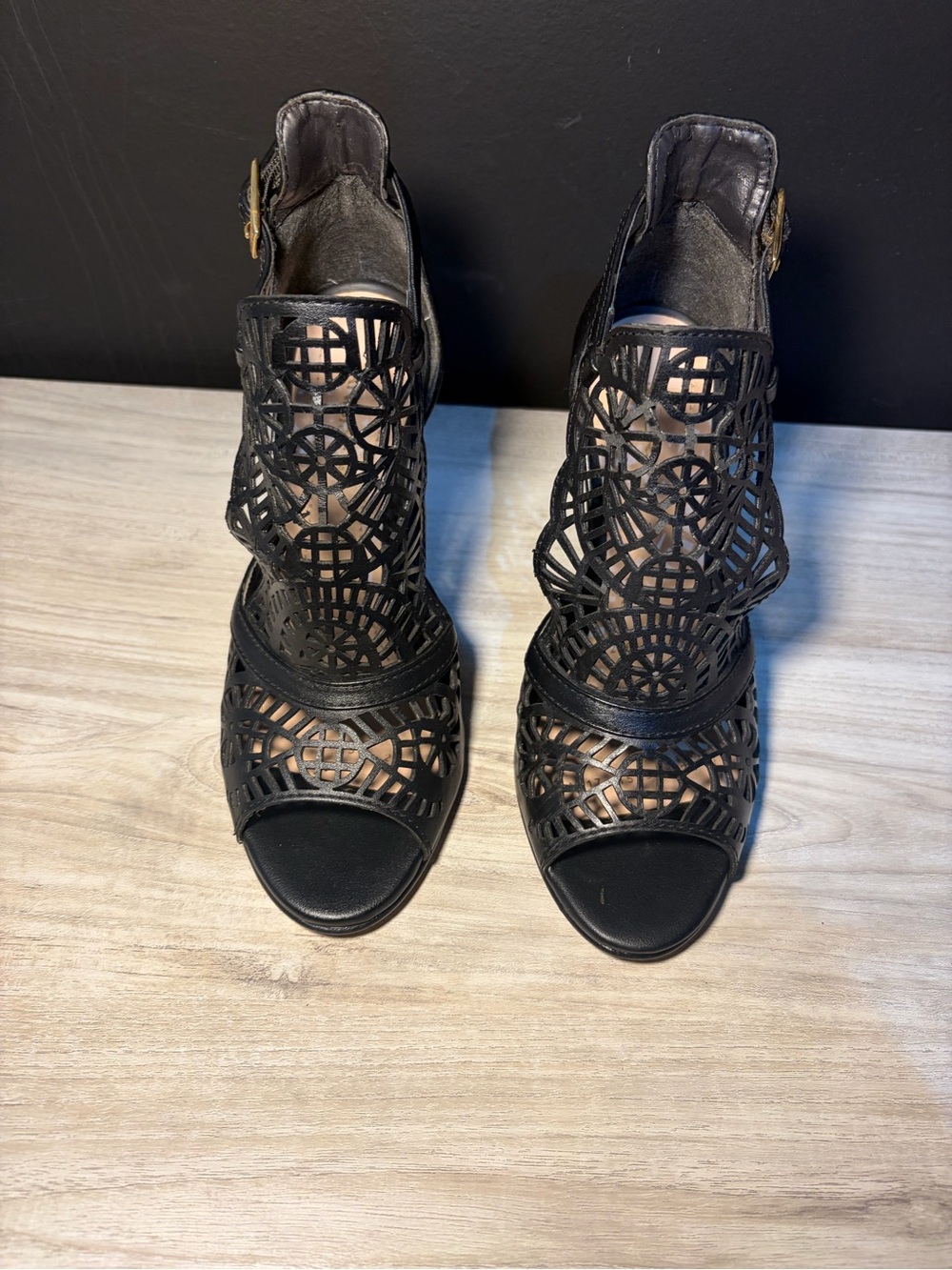 ANDREA FENZI Black Laser-Cut Open-Toe Ankle Heels